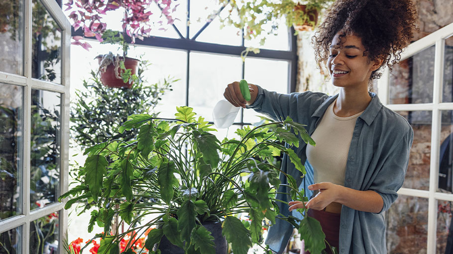 A young woman is watering plants in an indoor garden