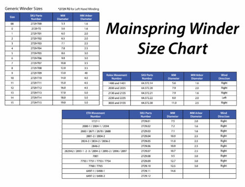 Mainspring Winder Size Chart